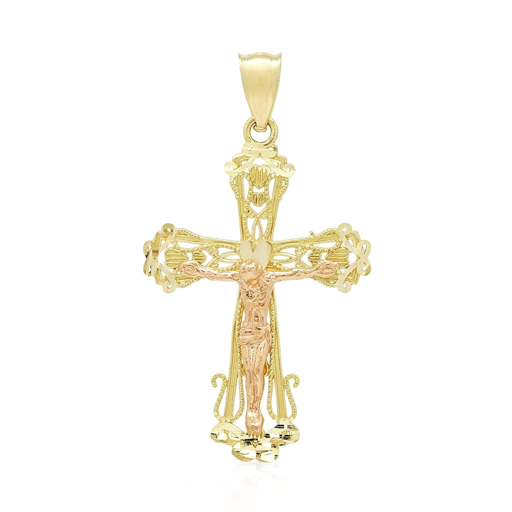 14k Yellow Gold Two-Tone Jesus Crucifix Cross Religious Charm Pendant 1.7"