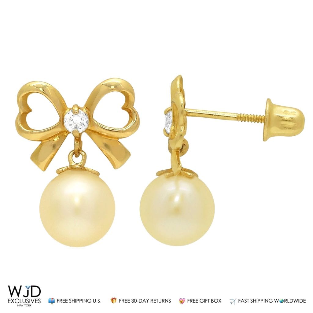 14K Yellow Gold 0.10Ct Created Diamond Bow Tie Pearl Dangle Stud Earrings 0.6"