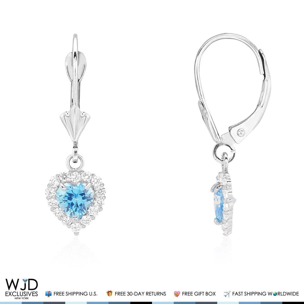 1Ct Created Diamond 14K White Gold Blue Topaz Heart Dangle Leverback Earrings