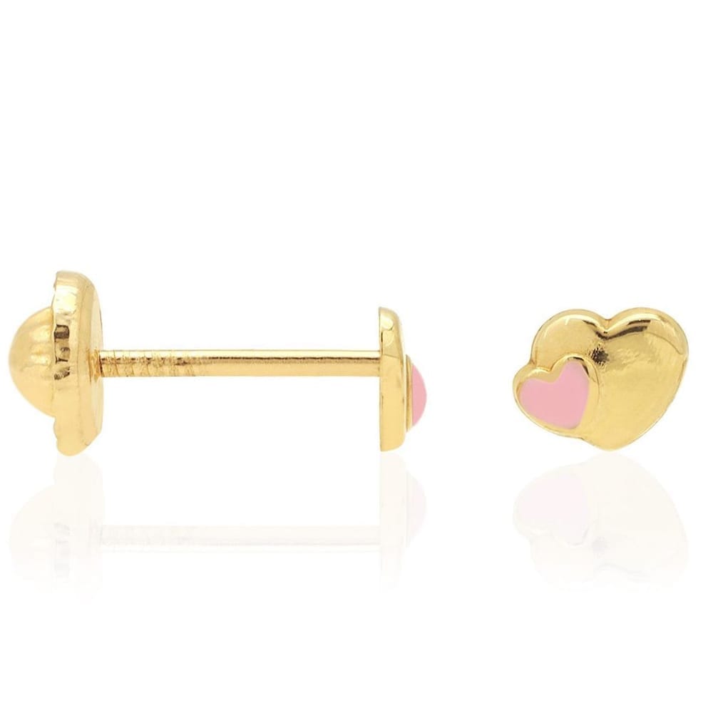 14K Yellow Gold Pink Enamel Heart Screwback Stud Kid Earrings