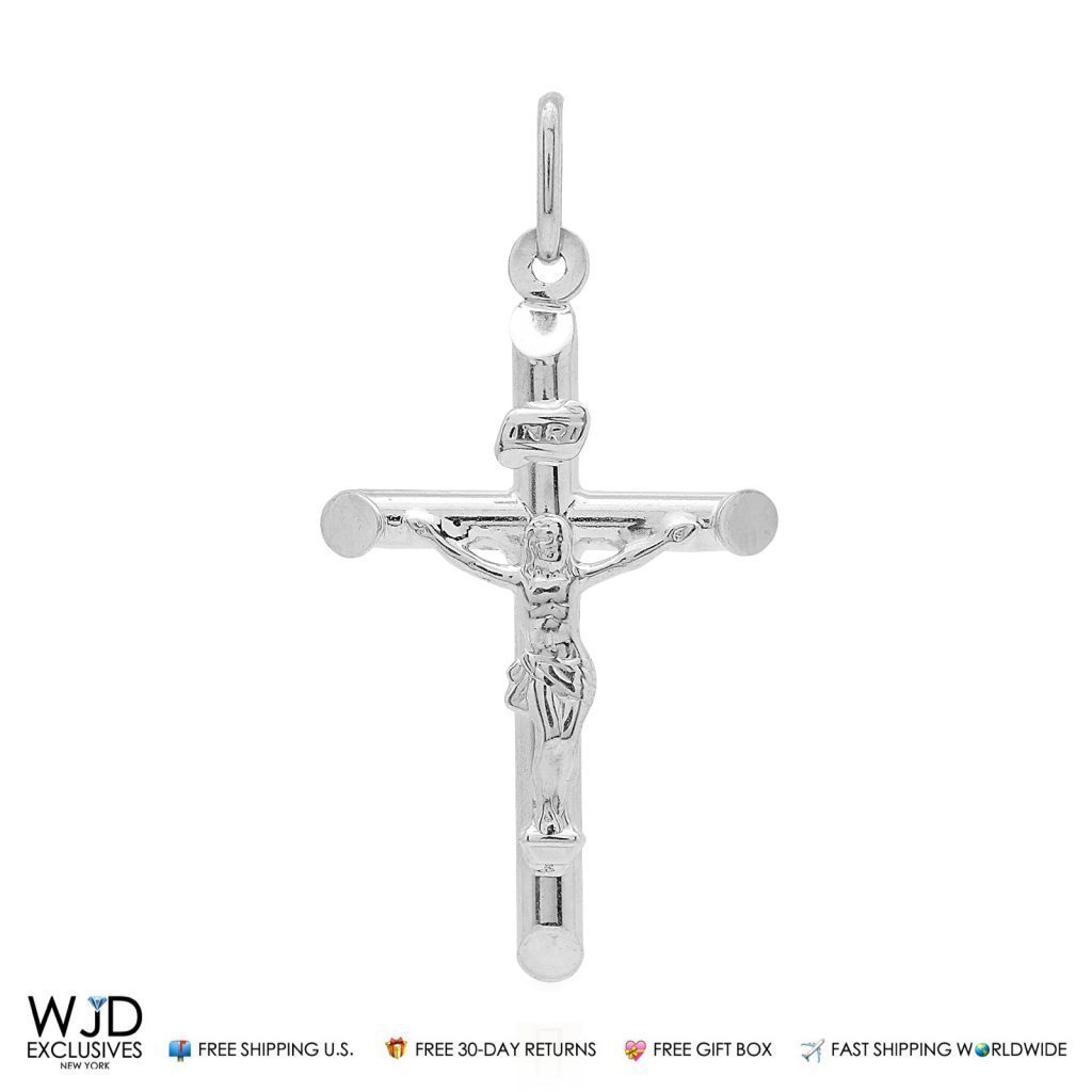 14k Solid White Gold Jesus Crucifix Cross Religious Charm Pendant INRI