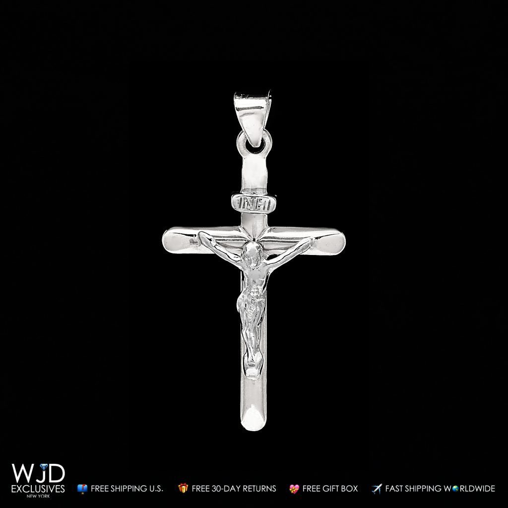 14k Solid White Gold Crucifix Cross Religious Charm Pendant INRI