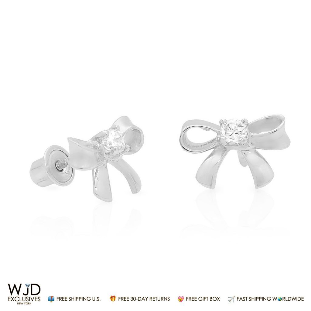 0.06Ct Simulated Diamond Bow Stud Earrings 14K White Gold Baby Screwback 9mm