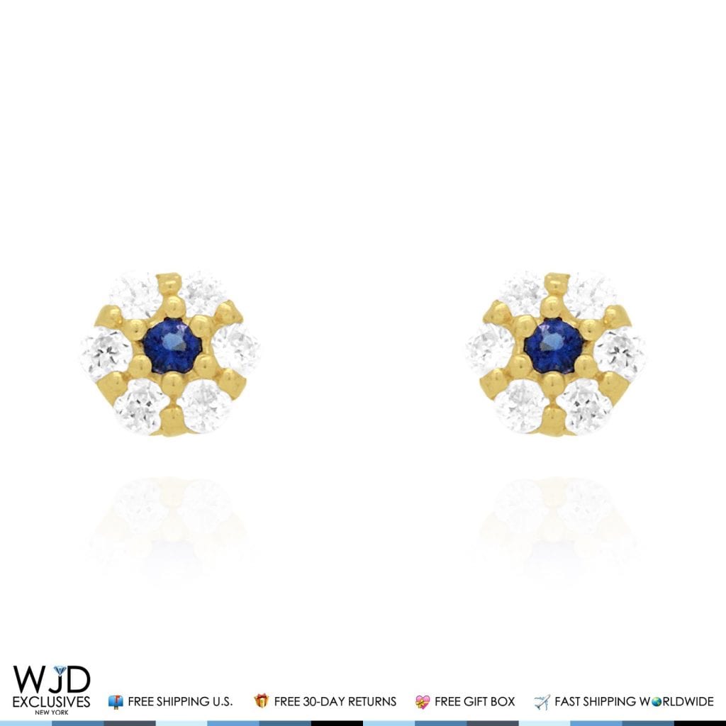0.50ct Created Sapphire Flower Earrings Solid 14k Yellow Gold Screwback Studs