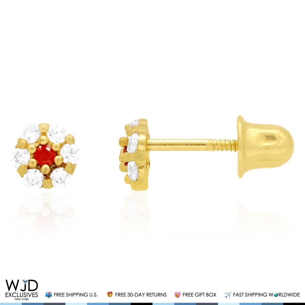 14k Yellow Gold Diamond And Garnet Flower Screwback Stud Earrings 0.50Ct