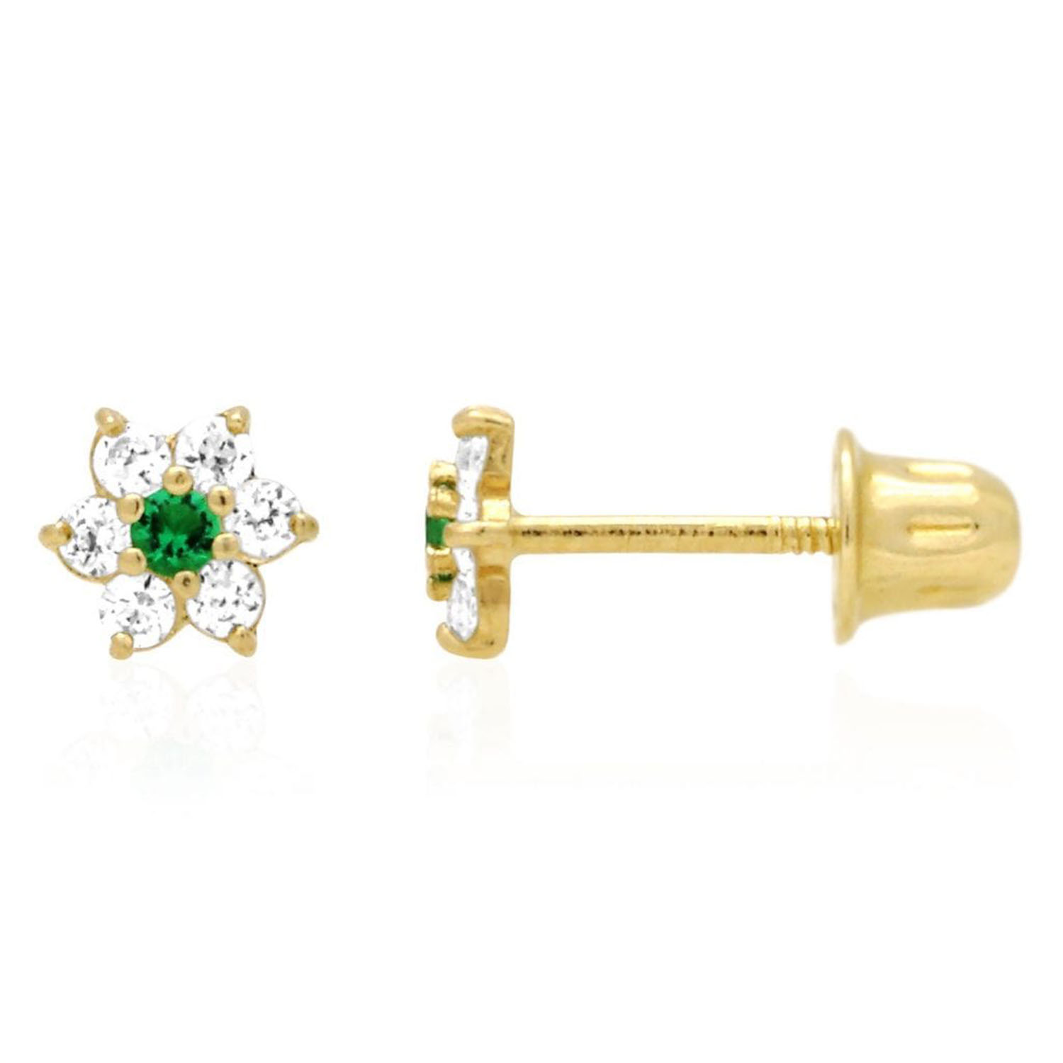 Kid's 14k Gold .50Ct Simulated Birthstone Flower Cluster Screwback Stud Earrings - May - Emerald
