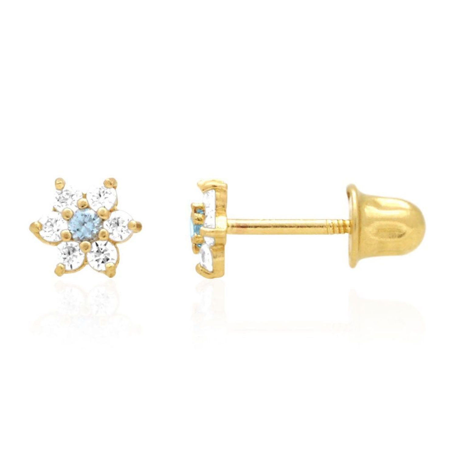 14k Gold Simulated Diamond Aquamarine Flower Cluster Screwback Stud Earrings