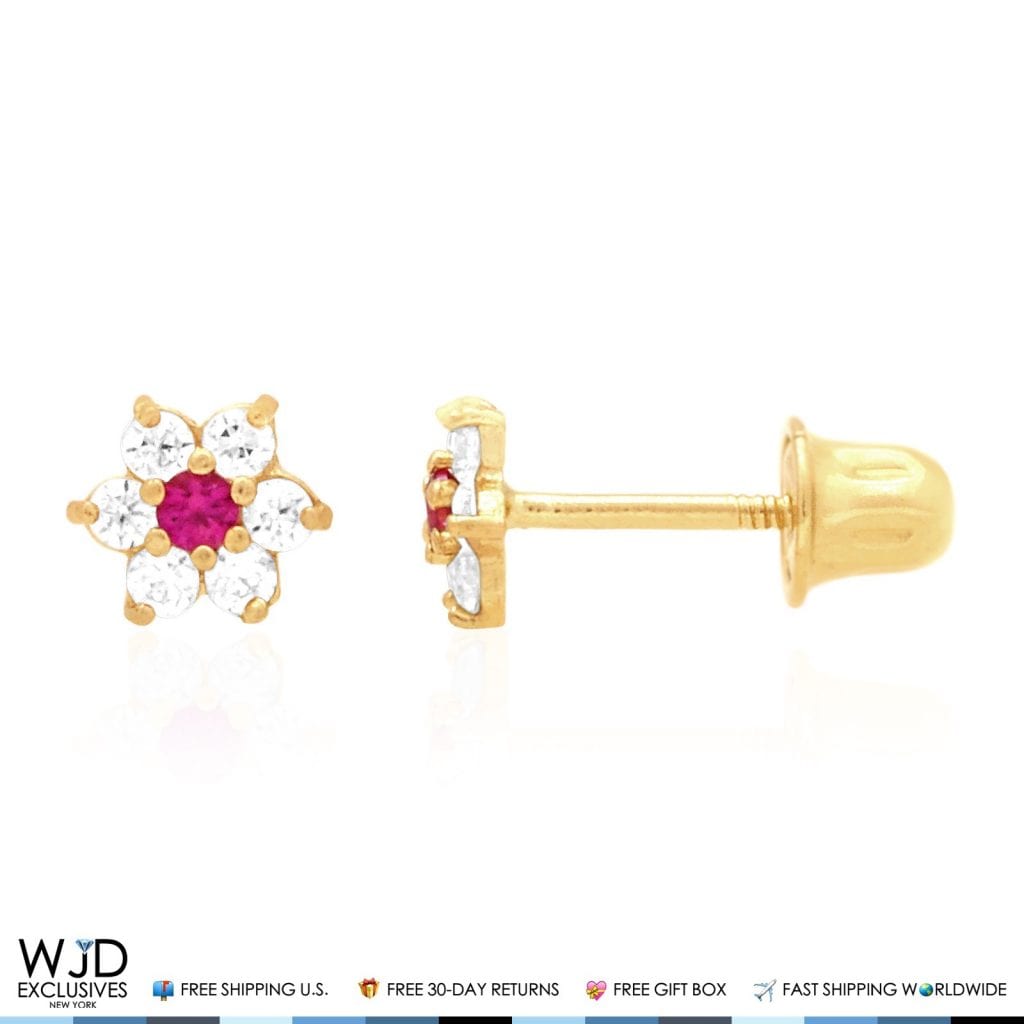 Kid's 14k Gold .50Ct Simulated Birthstone Flower Cluster Screwback Stud Earrings - July - Ruby