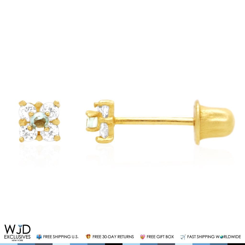 14k Yellow Gold Simulated Diamond Aquamarine Screwback Stud Earrings 0.30Ct