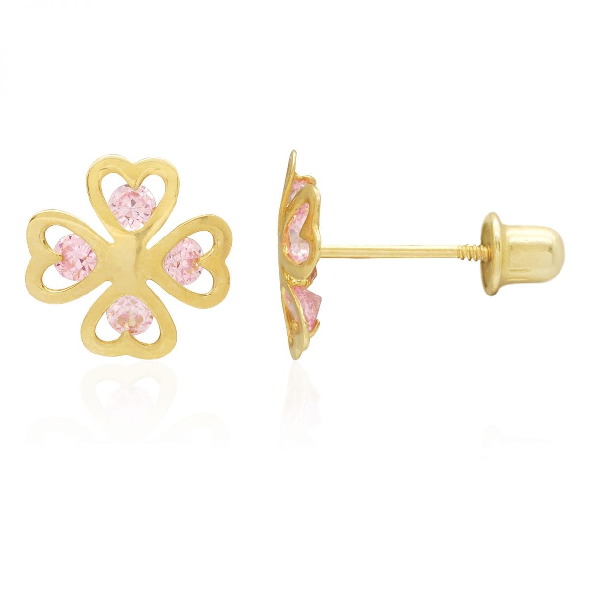 14k Yellow Gold Simulated Pink Tourmaline Lucky Clover Screwback Stud Earrings