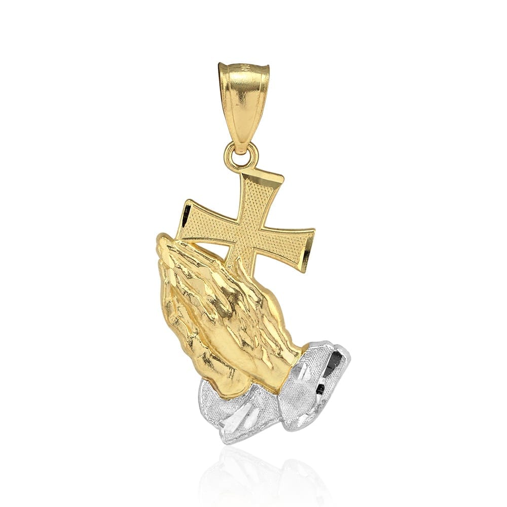 10k Yellow Gold Diamond Cut Cross Praying Hands Religious Charm Pendant - Small
