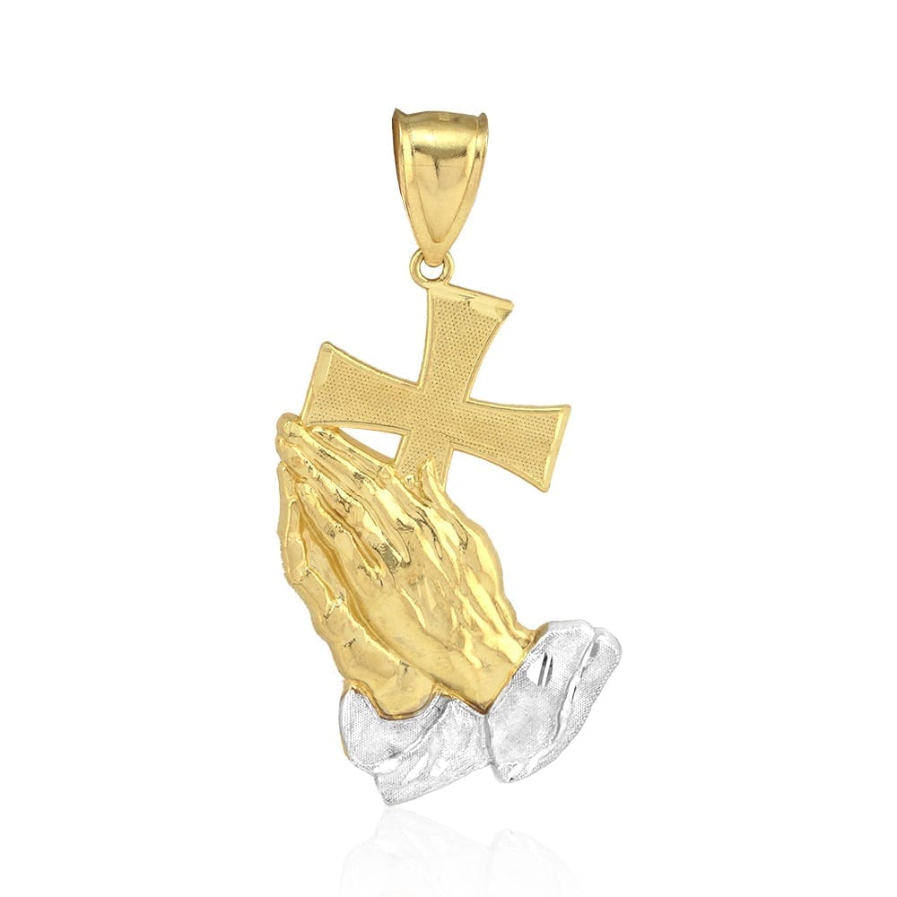10k Yellow Gold Diamond Cut Cross Praying Hands Religious Charm Pendant - Medium
