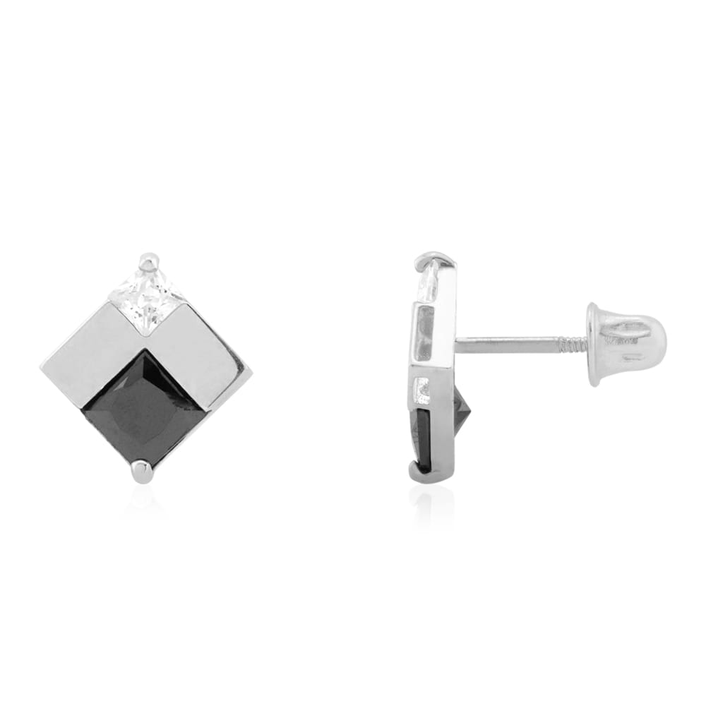 Square Natural Onyx &#038; Created Diamond Screwback Stud Earrings 14k Yellow Gold - White Gold