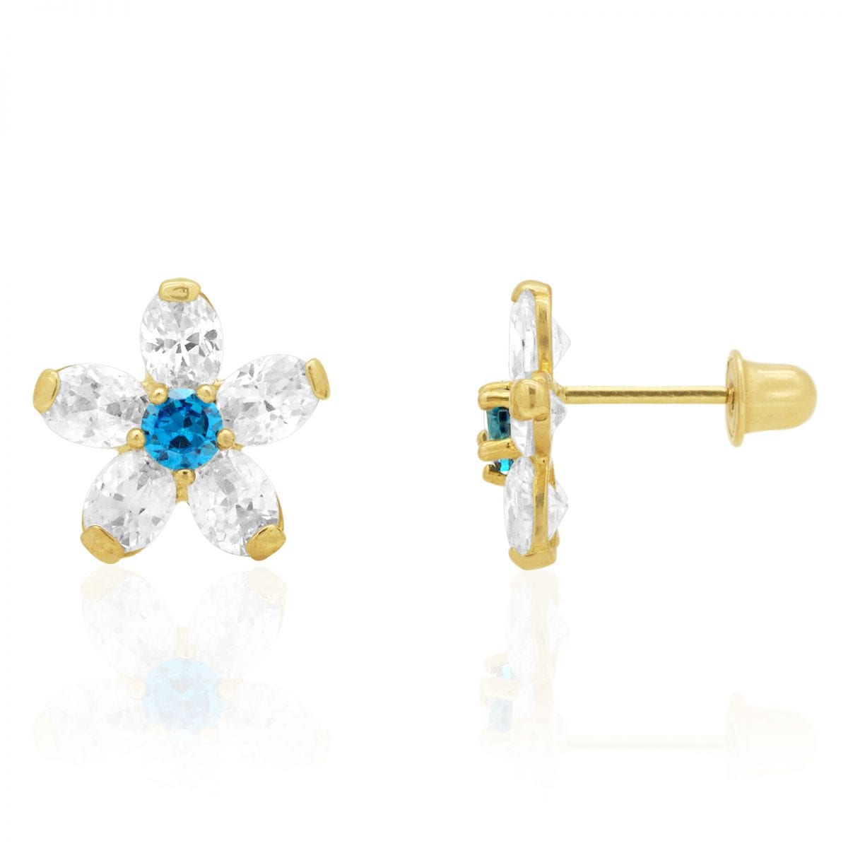 14k Yellow Gold Simulated Diamond And Blue Topaz Flower Screwback Stud Earrings