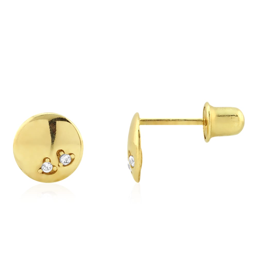 14k Yellow Gold Round Button Shaped Heart Pave Zircon Screwback Stud Earrings