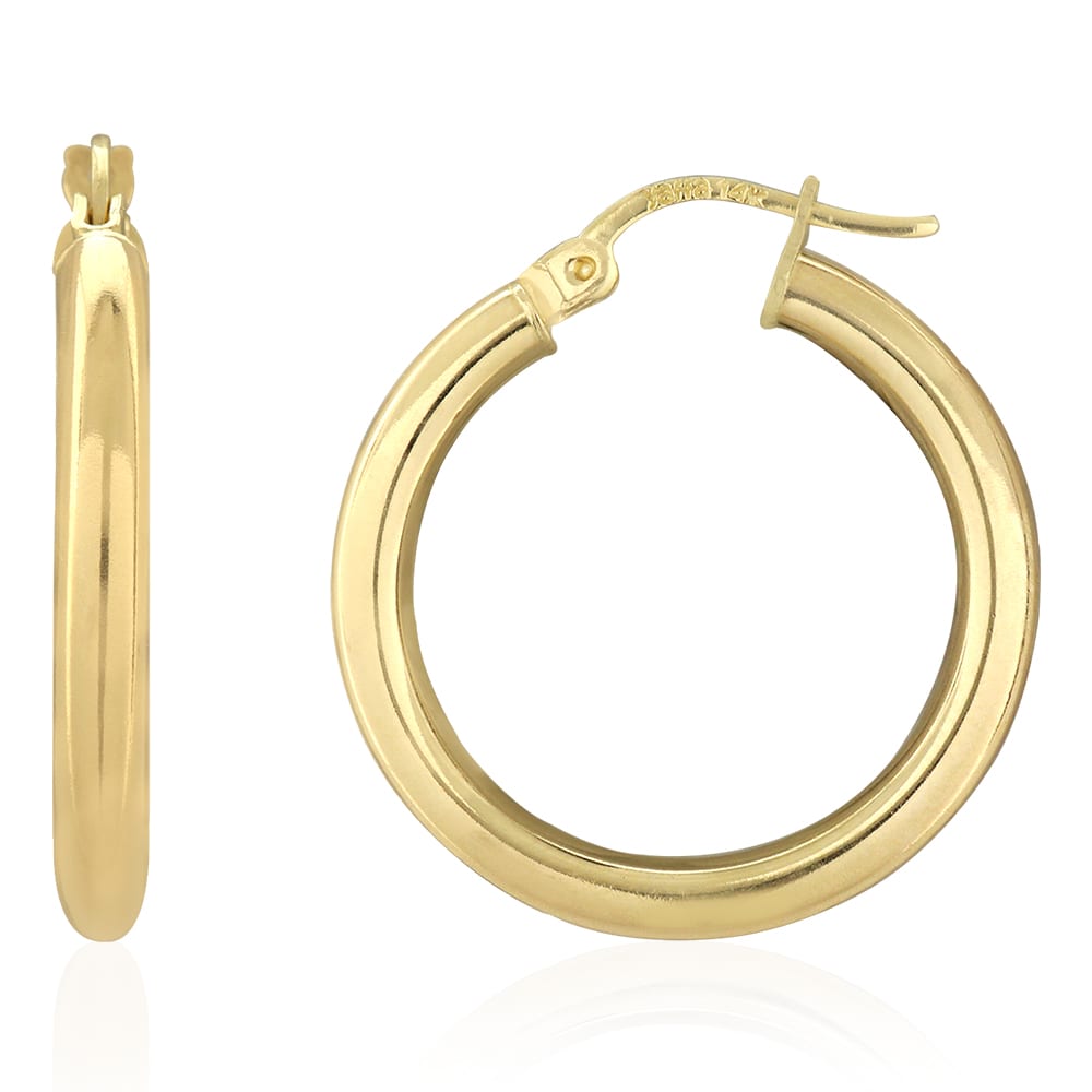 14k Yellow Gold 3mm Thick Plain Hinged Snapback Hoop Earrings - Large