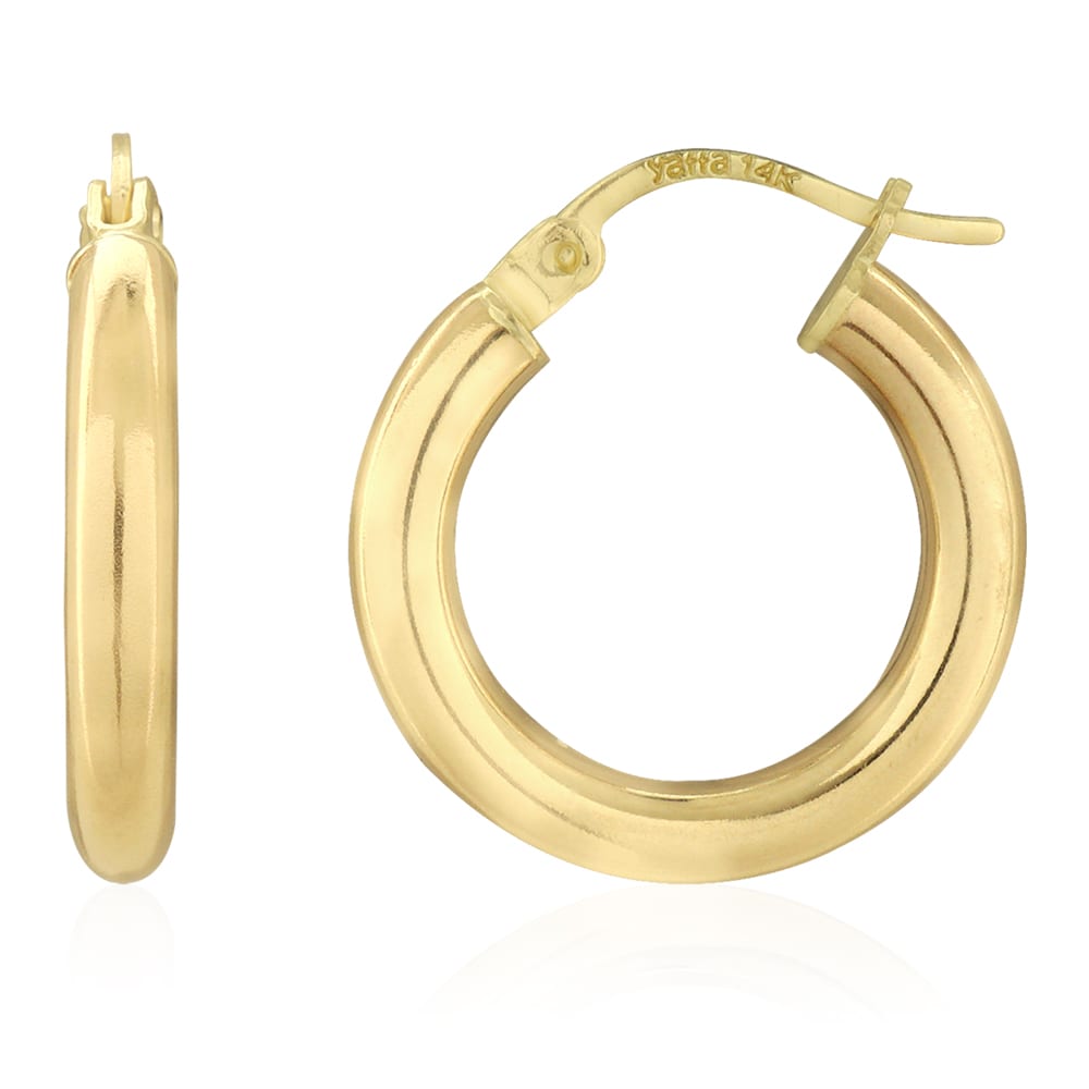 14k Yellow Gold 3mm Thick Plain Hinged Snapback Hoop Earrings - Medium