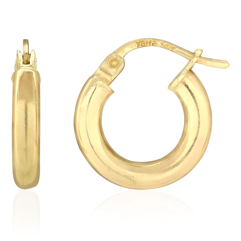 14k Yellow Gold 3mm Thick Plain Hinged Snapback Hoop Earrings - Small