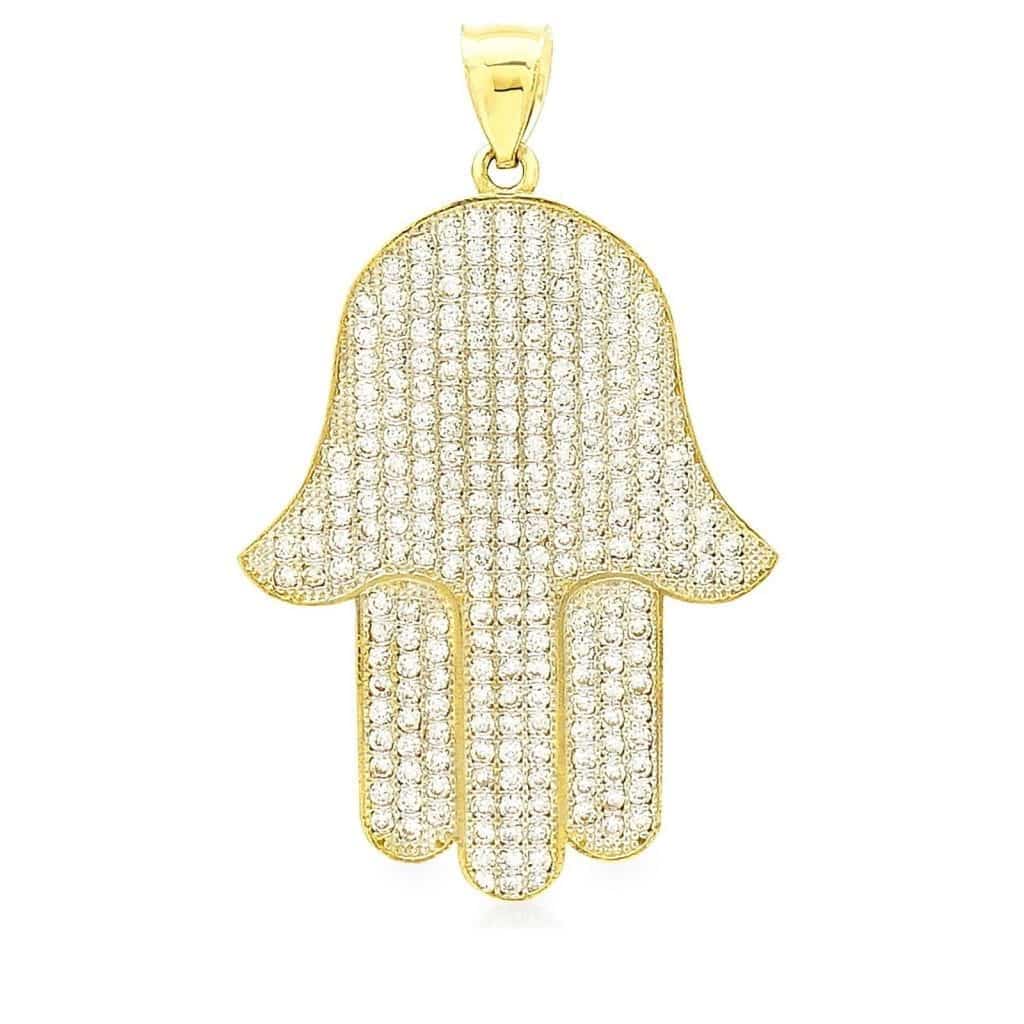 14k Yellow Gold Created Diamond Hamsa Hand Of Fatima Pendant 1.5″ 1.8 ...