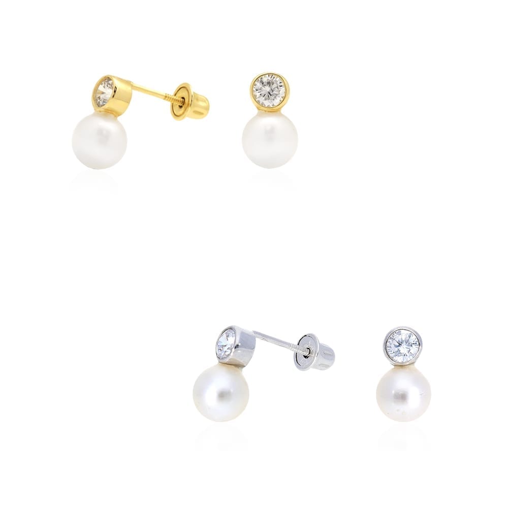 14K Yellow Gold 0.30Ct Diamond & Cultured Freshwater Pearl Ball Stud Earrings 