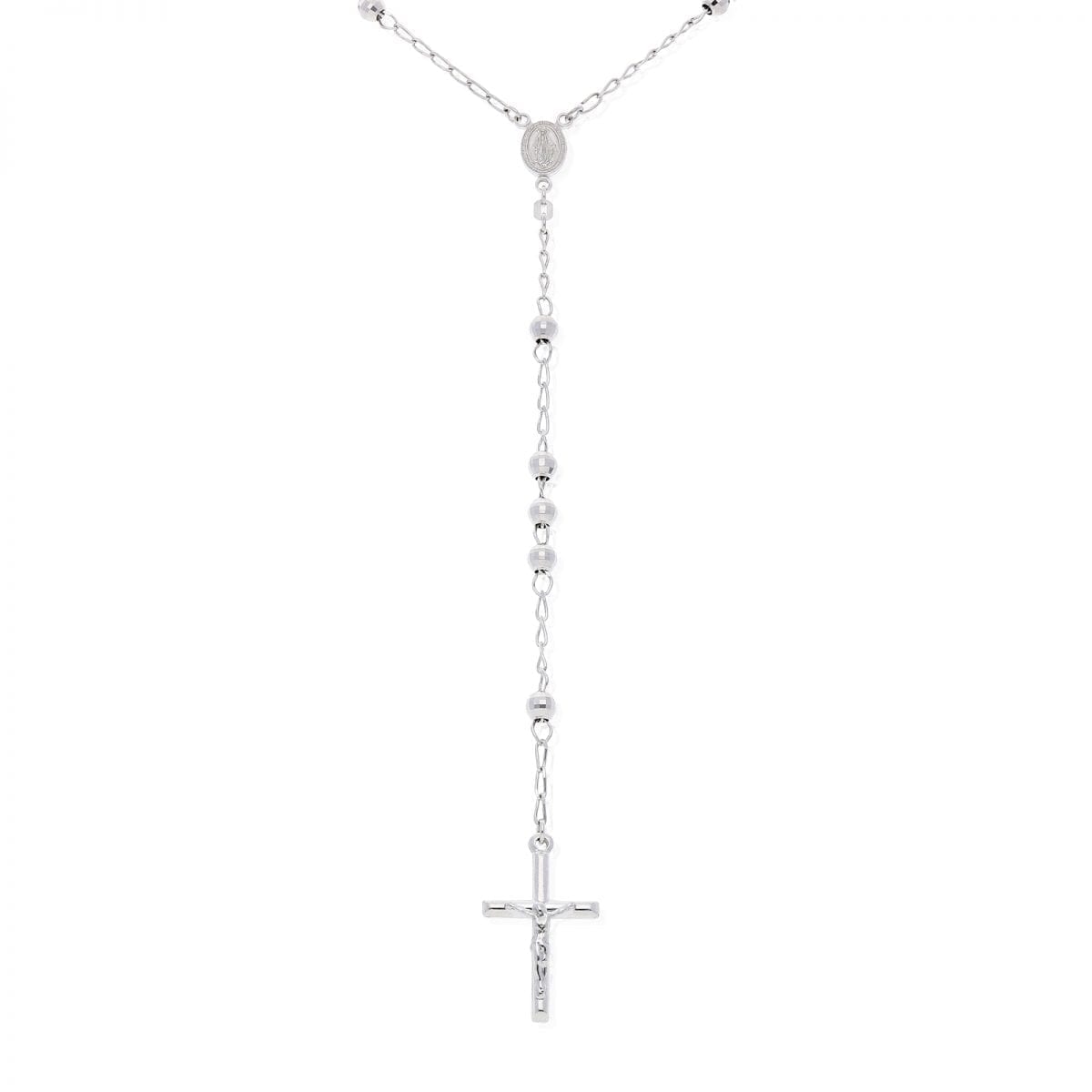 925 Sterling Silver 5mm Diamond-Cut Rosary Cross Chain Necklace 26"