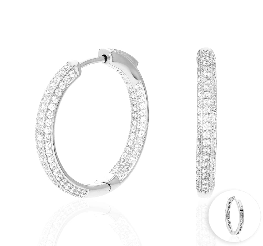 925 Sterling Silver Rhodium-plated Micro Pav� Cubic Zirconia In & Out Hoops Earring 
