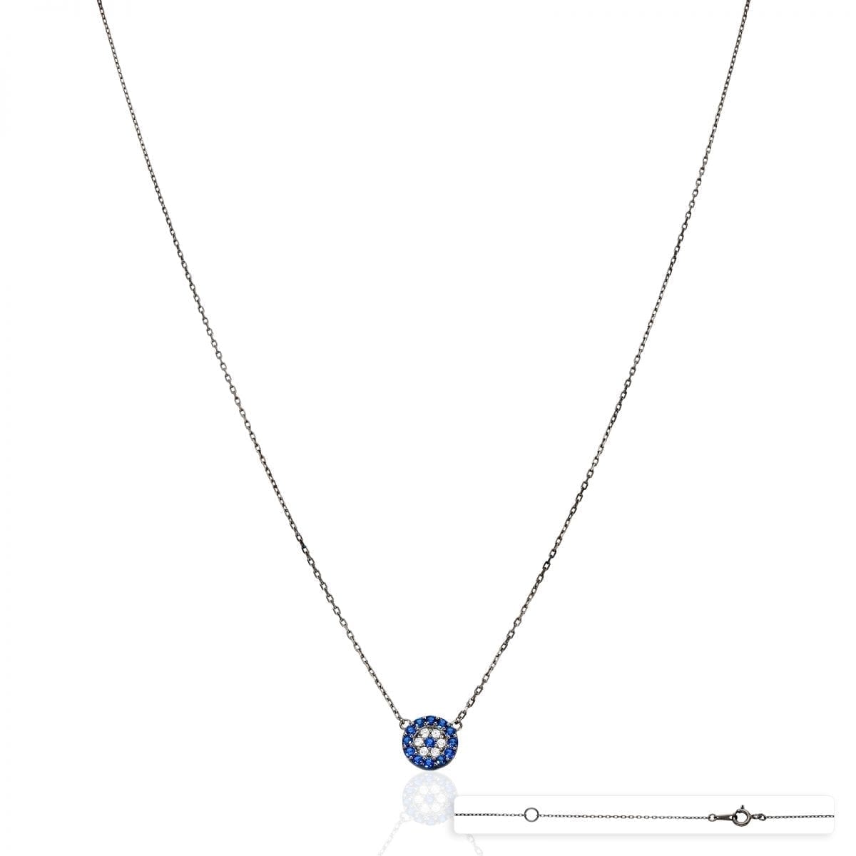 925 Sterling Silver White Gold Black Rhodium Plated CZ Evil Eye Necklace 18" - Black Rhodium Plated