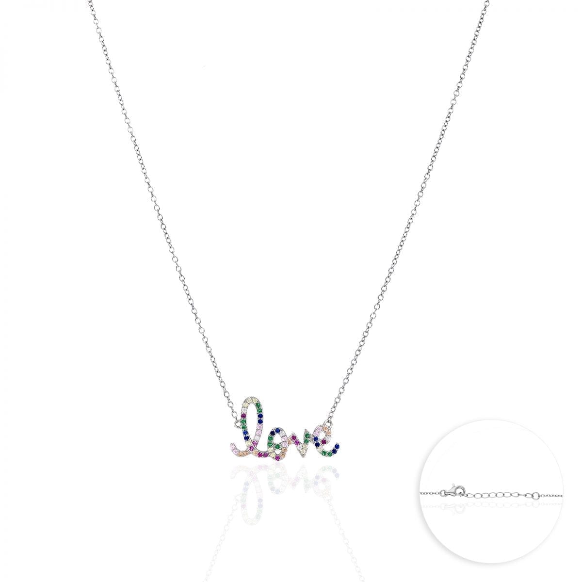 925 Sterling Silver Gold Plated 1mm Multicolor CZ Love Necklace 16.5-18" - Rhodium Plated
