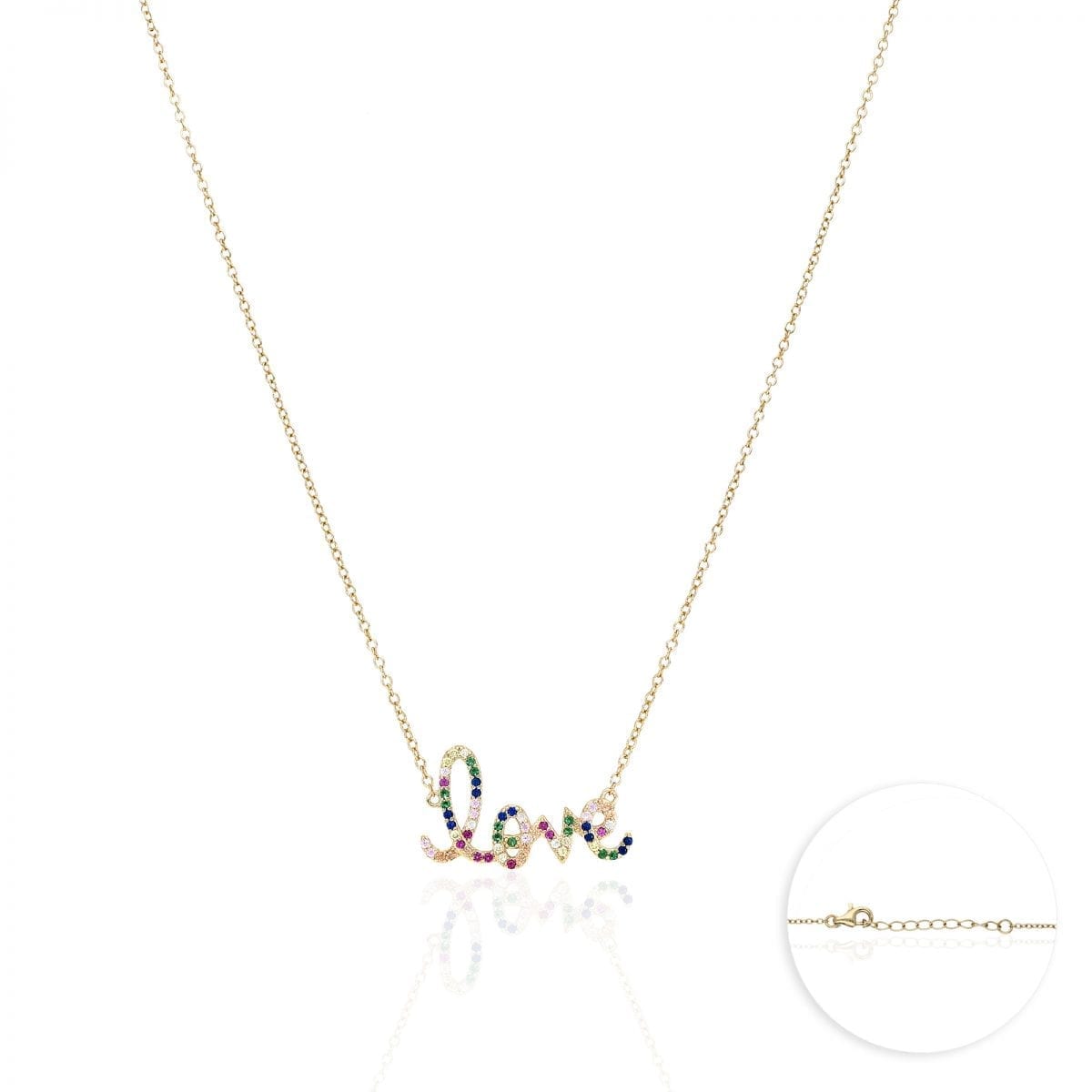 925 Sterling Silver Gold Plated 1mm Multicolor CZ Love Necklace 16.5-18" - Yellow Gold Plated