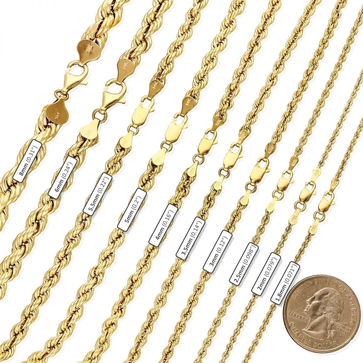 14k Yellow Gold 1.8mm-8mm Hollow Rope Chain Necklace 16-30