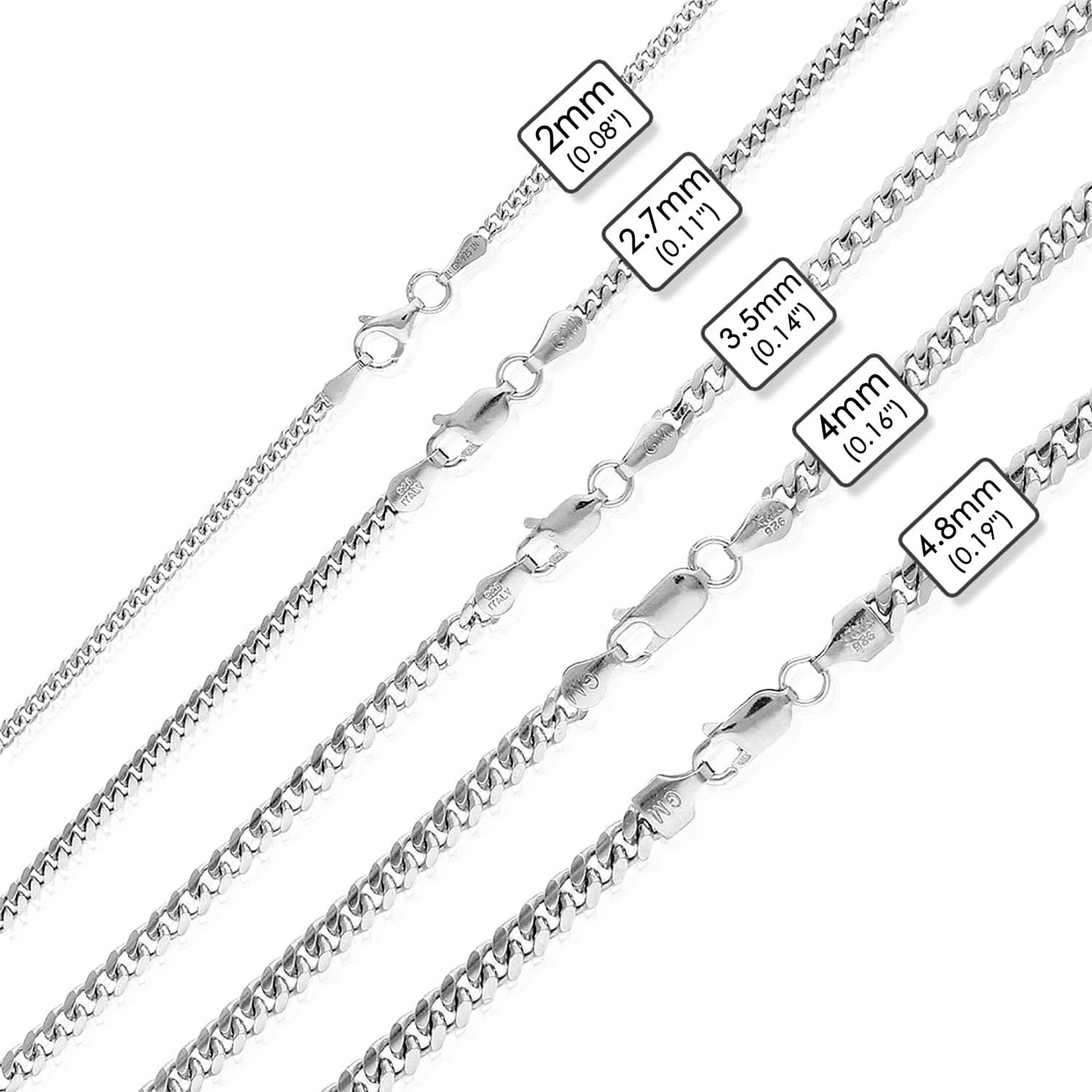 2mm Cuban Chain Necklace, Sterling Silver, Men's Necklaces