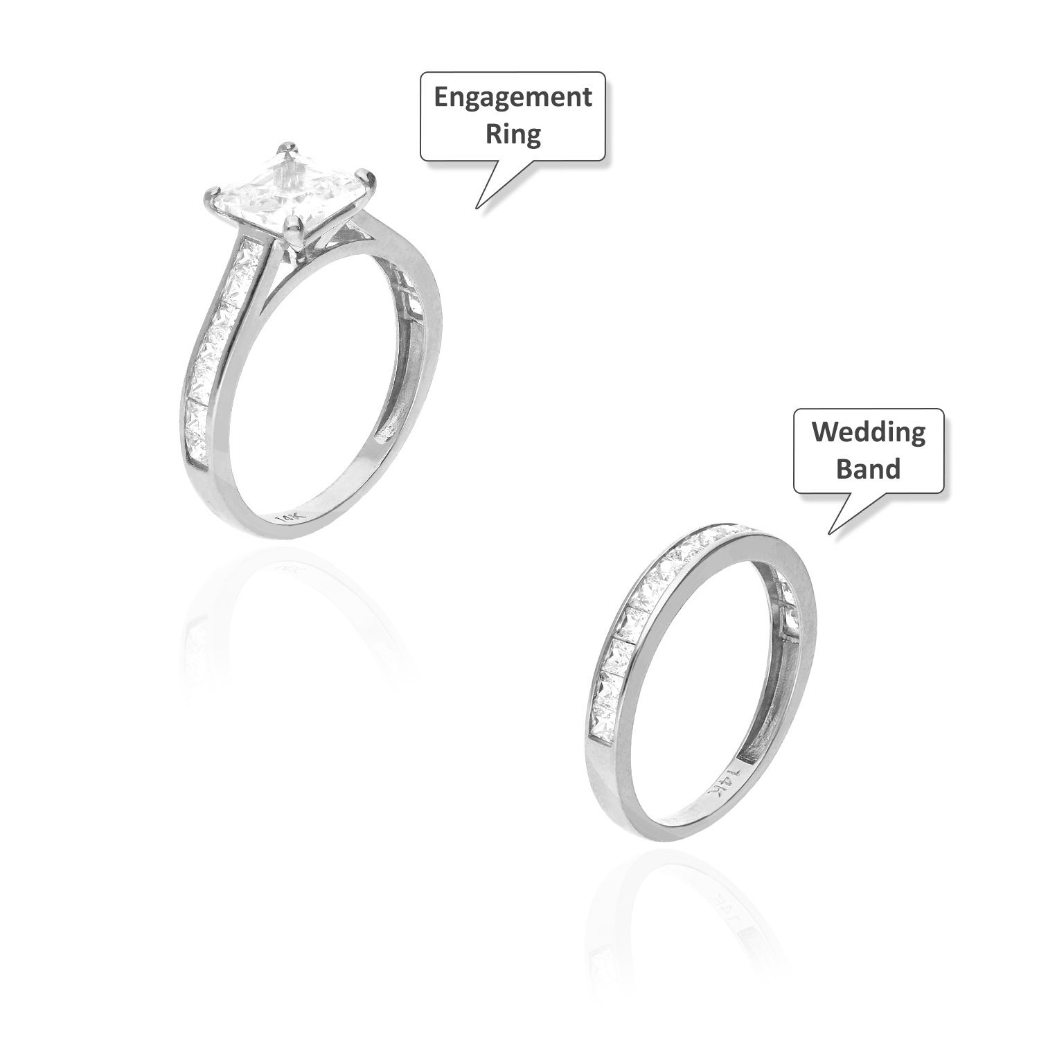 14K White Gold Princess Cut Simulated Diamond Engagement Ring Wedding Bridal Set - Wedding Band