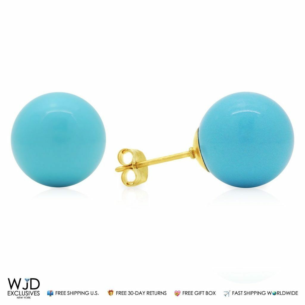 14K Yellow Gold Created Turquoise 10MM Ball Stud Earrings