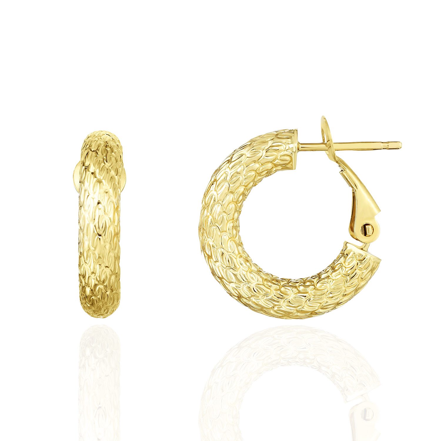 14K Yellow Gold 4mm Textured Omega Snap Hoop Earrings 18mm 24mm 29mm - 18mm