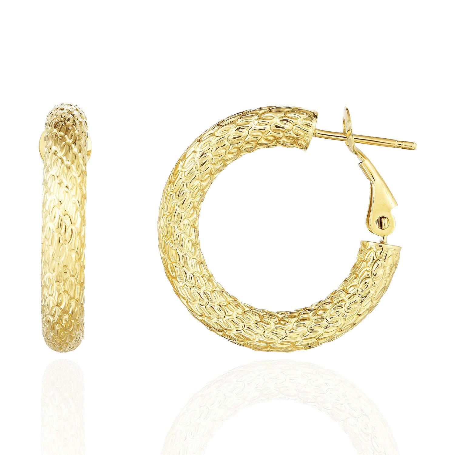 14K Yellow Gold 4mm Textured Omega Snap Hoop Earrings 18mm 24mm 29mm - 24mm