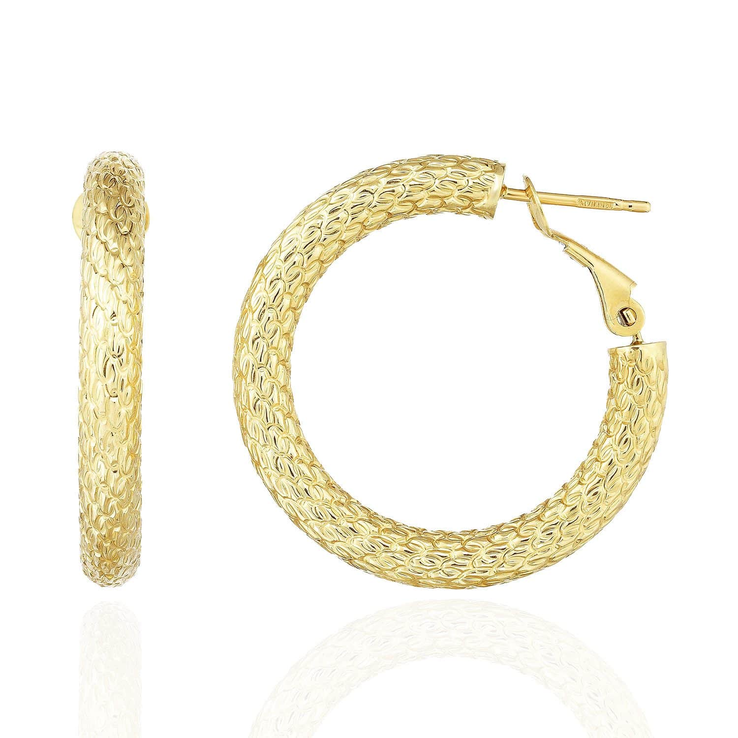 14K Yellow Gold 4mm Textured Omega Snap Hoop Earrings 18mm 24mm 29mm - 29mm