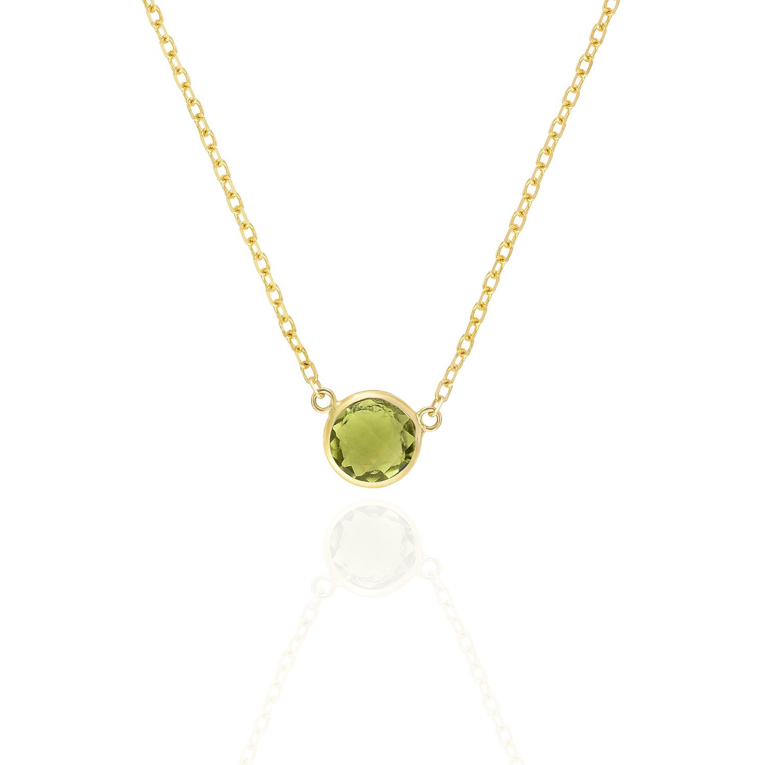 14K Yellow Gold 1Ct Bezel Set Colored Gem Birthstone Necklace Chain 15"-17" - Peridot