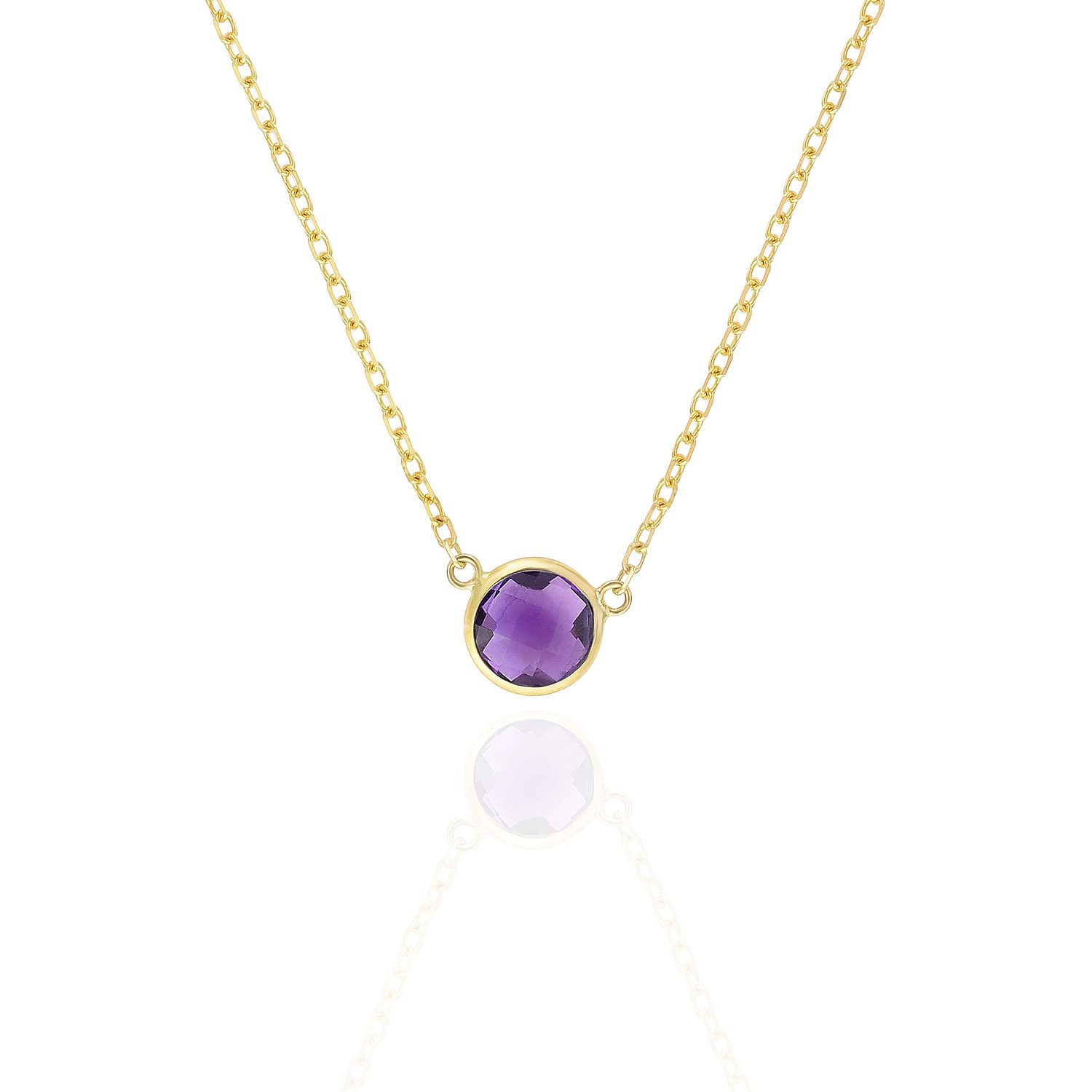 14K Yellow Gold 1Ct Bezel Set Colored Gem Birthstone Necklace Chain 15"-17" - Amethyst