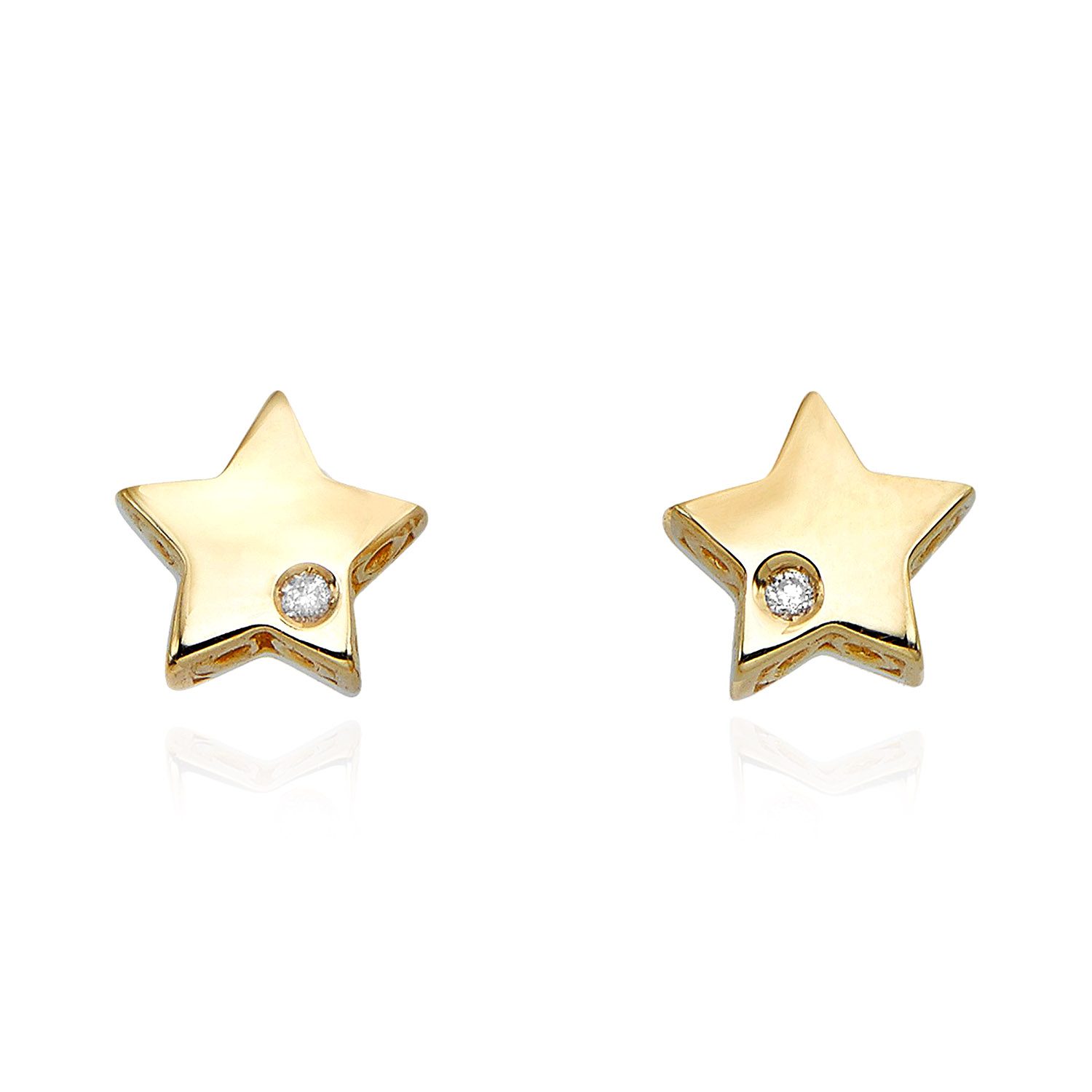 14K Yellow Gold 0.01Ct Natural Diamond 6.5mm Star Push Back Stud Earrings