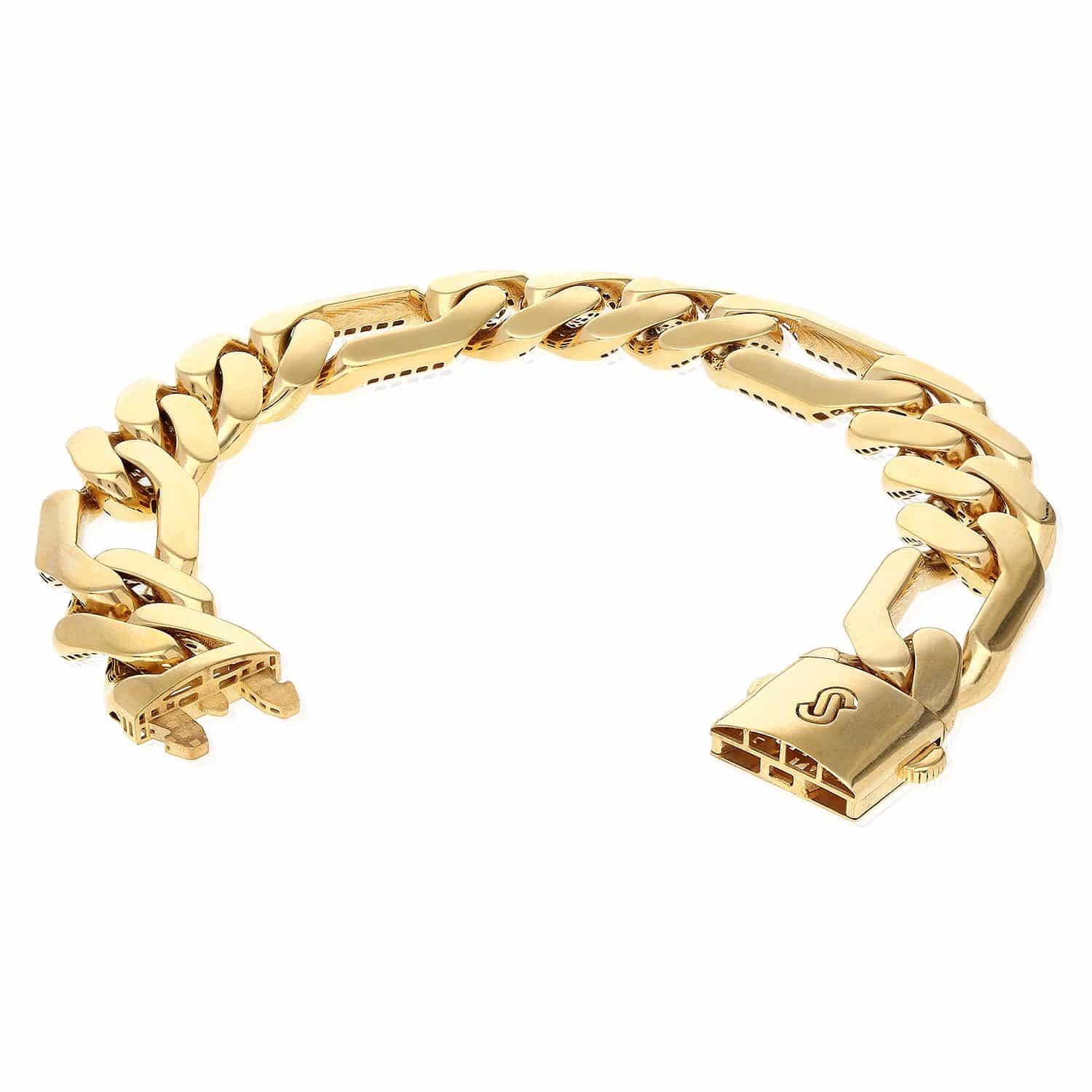 14K Yellow Gold 15mm Bold Figaro Hollow Link Box Clasp Bracelet 8.5 ...