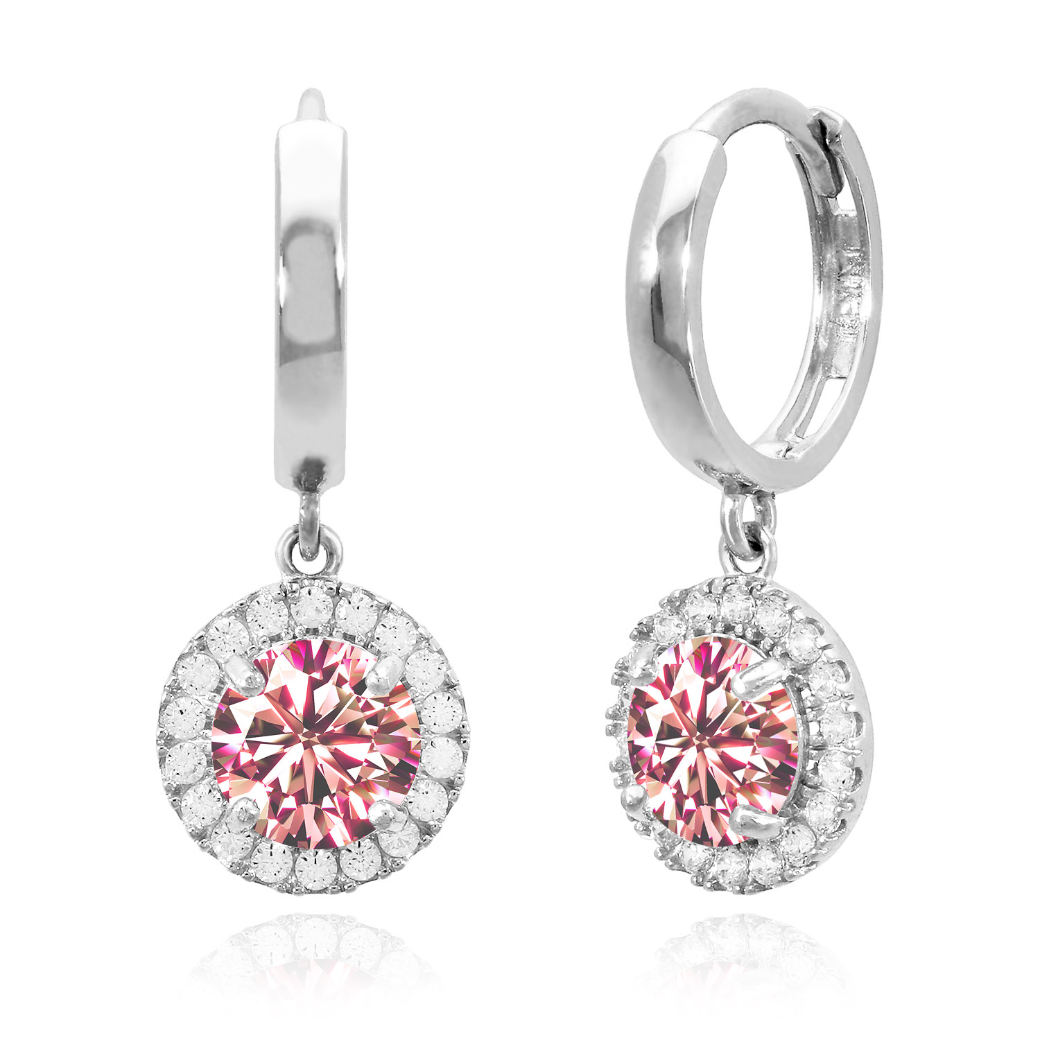 14K White Gold Halo Dangling Simulated Diamond Gemstone Huggie Hoop Earrings - June - Alexandrite