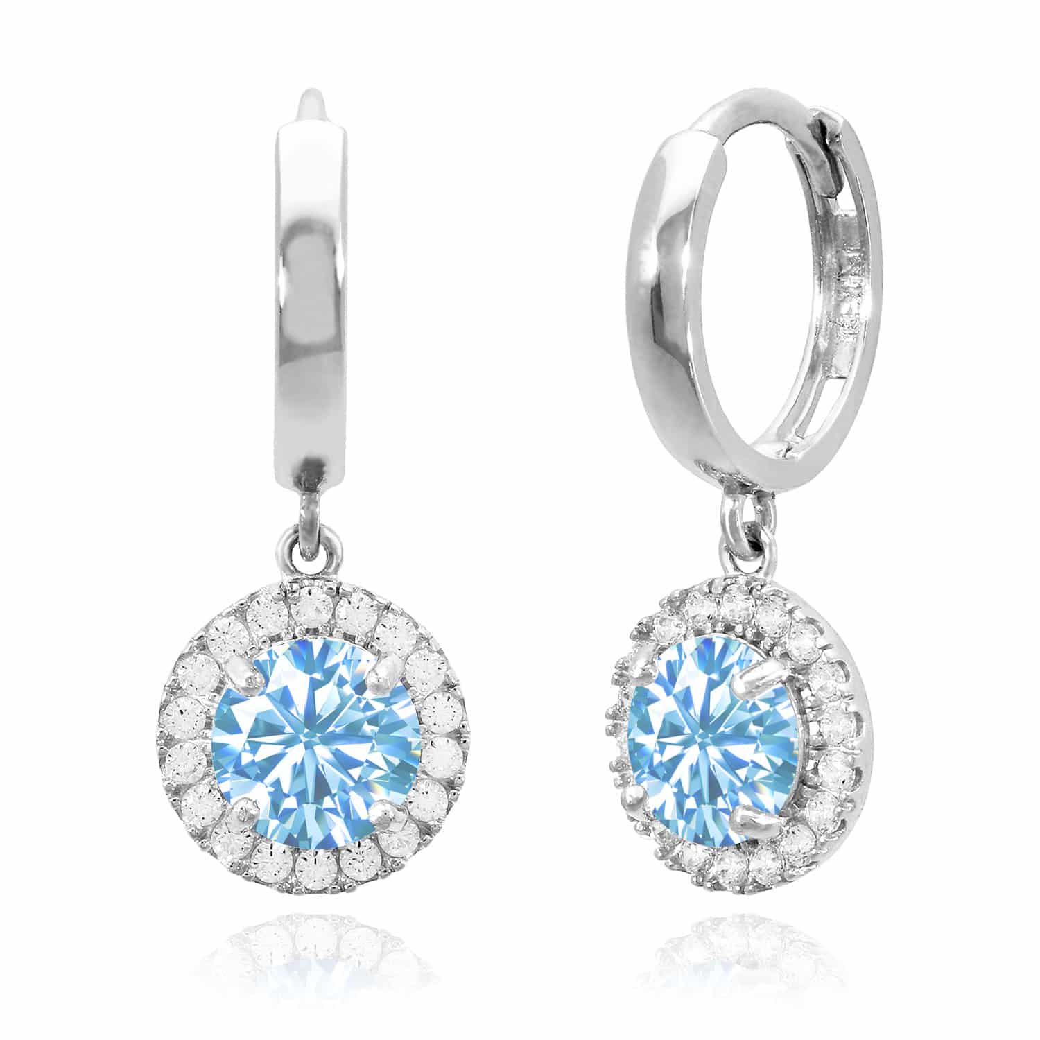 14K White Gold Halo Dangling Simulated Diamond Gemstone Huggie Hoop Earrings - March - Aquamarine