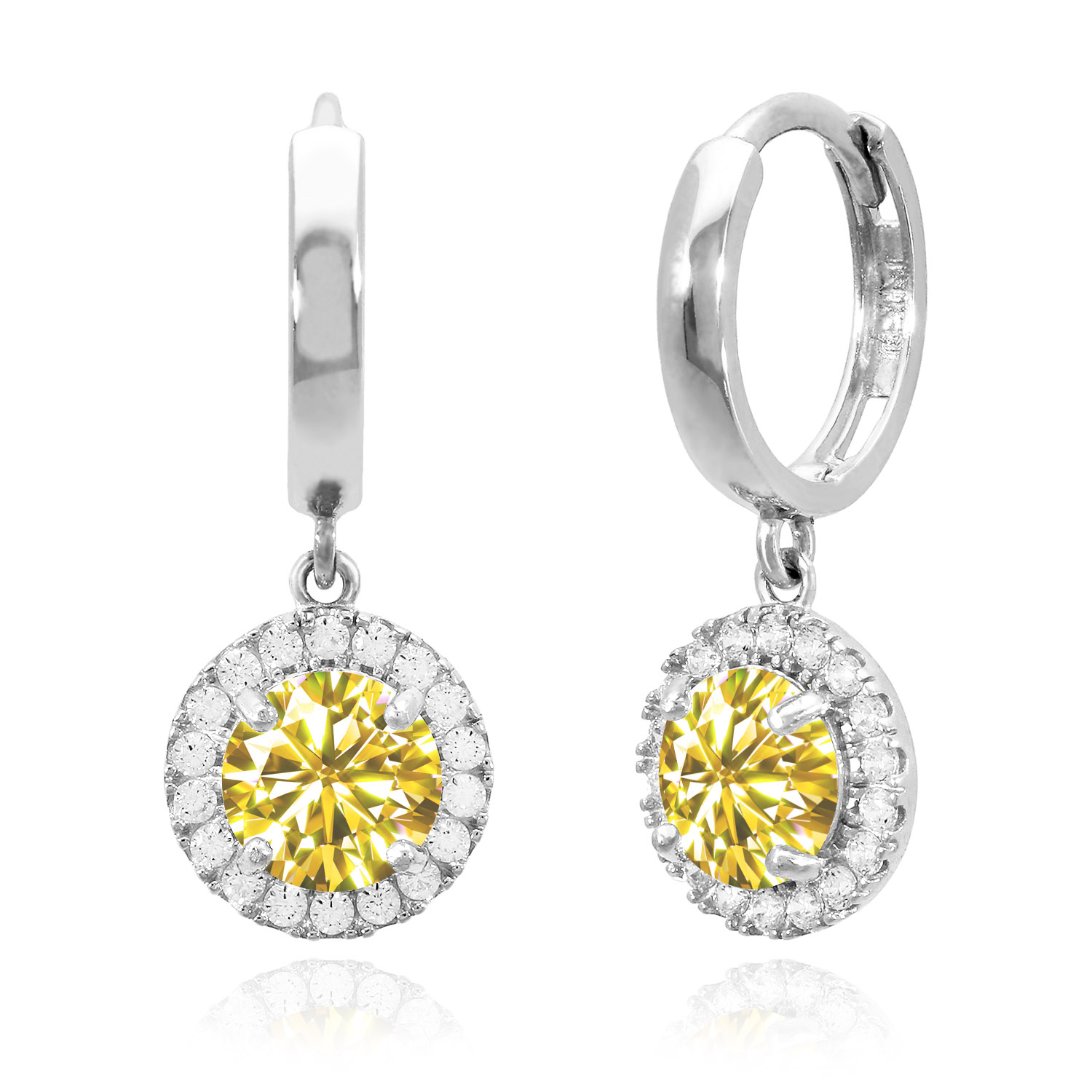 14K White Gold Halo Dangling Simulated Diamond Gemstone Huggie Hoop Earrings - November - Citrine