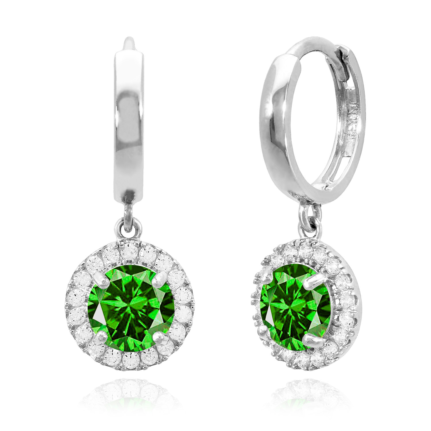 14K White Gold Halo Dangling Simulated Diamond Gemstone Huggie Hoop Earrings - May - Emerald