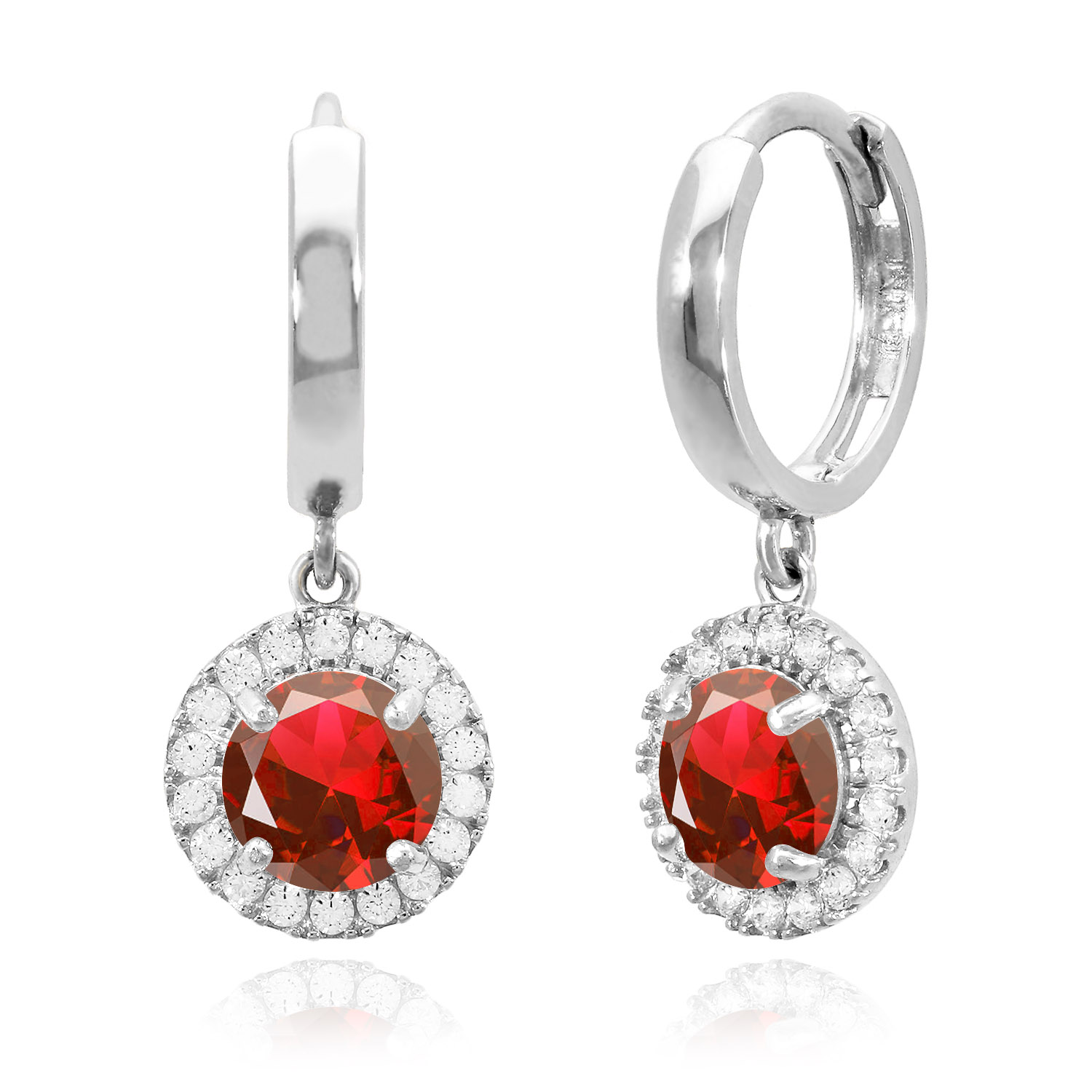 14K White Gold Halo Dangling Simulated Diamond Gemstone Huggie Hoop Earrings - January - Garnet