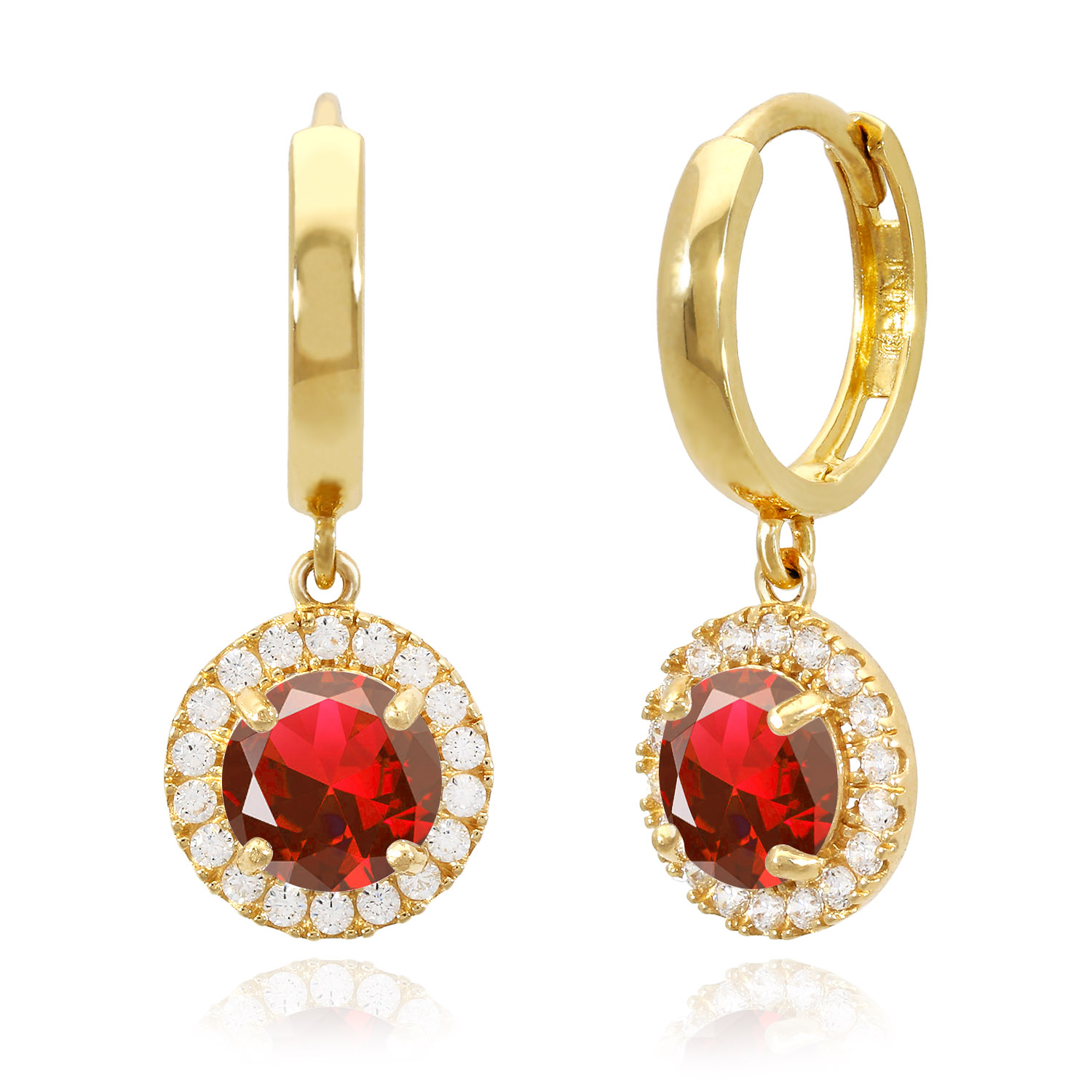 14K Yellow Gold Halo Dangling Simulated Diamond Gemstone Huggie Hoop Earrings - January - Garnet