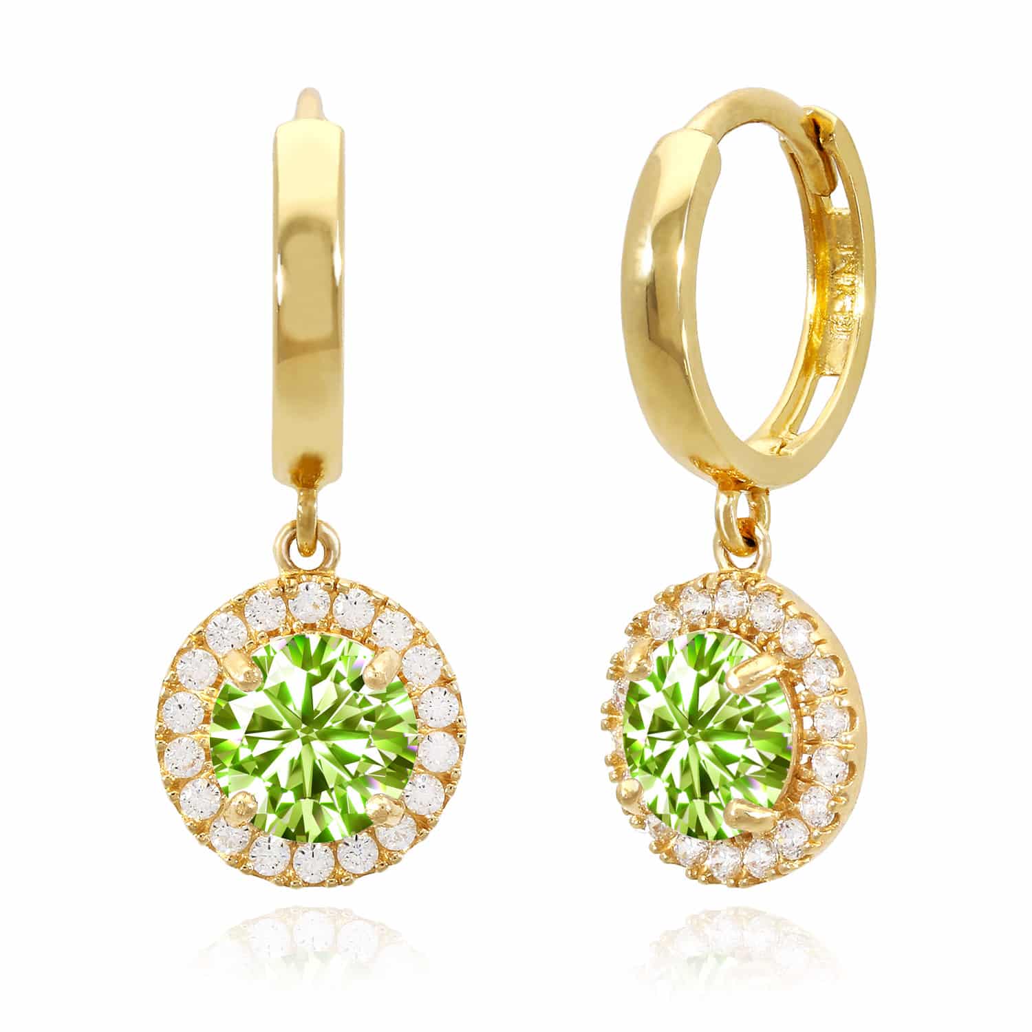 14K Yellow Gold Halo Dangling Simulated Diamond Gemstone Huggie Hoop Earrings - August - Peridot