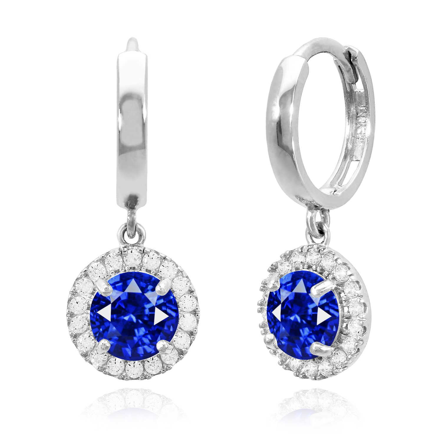 14K White Gold Halo Dangling Simulated Diamond Gemstone Huggie Hoop Earrings - September - Sapphire