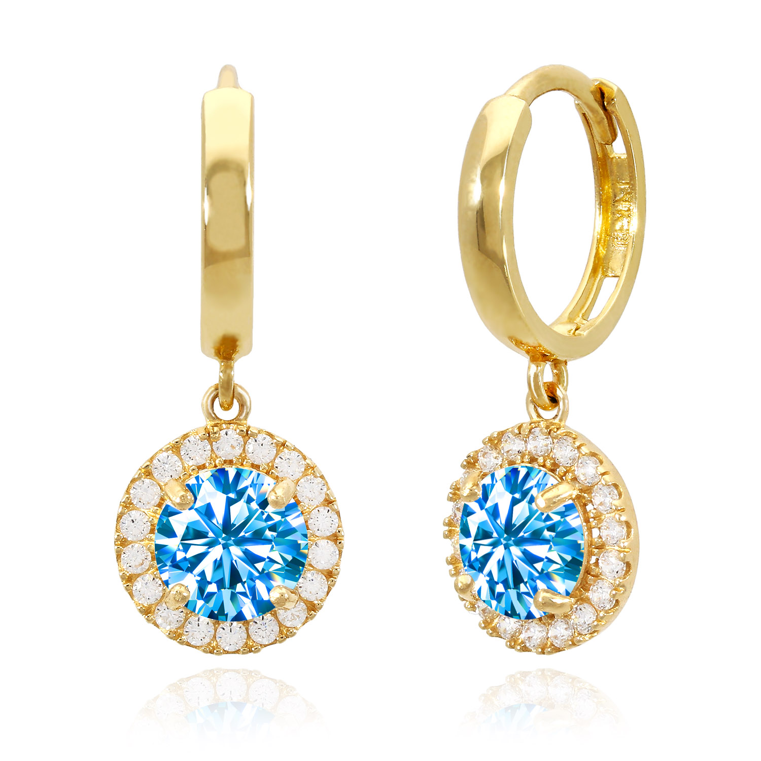 14K Yellow Gold Halo Dangling Simulated Diamond Gemstone Huggie Hoop Earrings - December - Blue Topaz