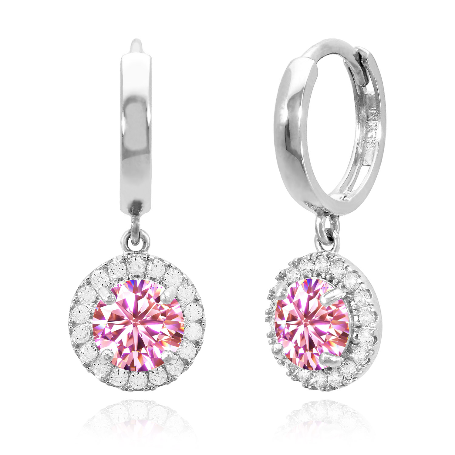 14K White Gold Halo Dangling Simulated Diamond Gemstone Huggie Hoop Earrings - October - Pink Tourmaline